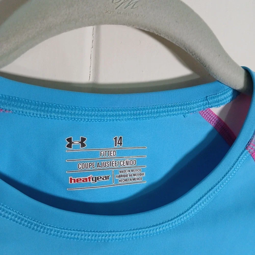 Under Armour Kids HeatGear Compression Fitted Shirt Blue Pink Ombre Size 14 Girl